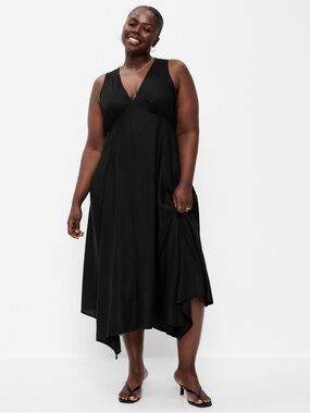 Old Navy Black V-Neck Sleeveless Midi Handkerchief Hem Dress NWT